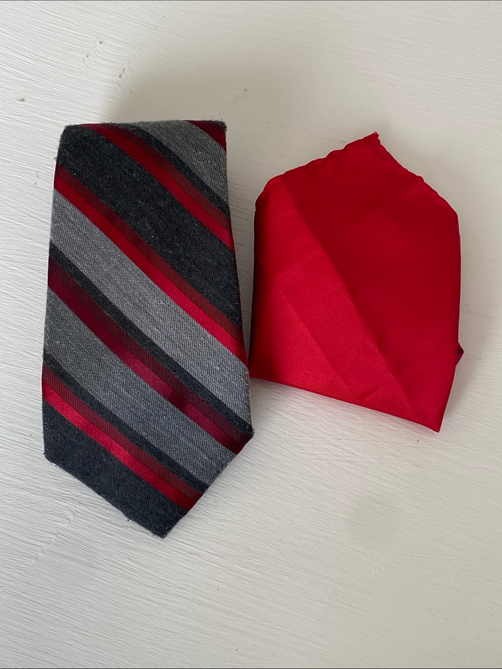 Men's Red & Grey Stripe Tie with Red Pocket Square